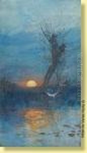 Envol De Cigognes
 Au Coucher Du Soleil Oil Painting by Maurice Hagemans