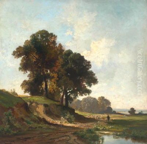 Schafer Mit Seiner Herde Auf 
Einem Hohlweg In Bewaldeter Landschaft Mit Blick Zum Ammersee Oil Painting by Fritz Halberg-Krauss