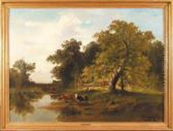Pasterz Z Bydlem Nad Woda Oil Painting by Fritz Halberg-Krauss