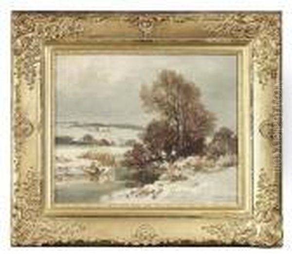 Wintry Landscape With A Brook In
 The Foreground. Oil/canvas, Signed , Inscribed 