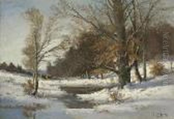Bauer Mit Ochsengespann In
 Winterlicher Waldlandschaft. Oil Painting by Fritz Halberg-Krauss