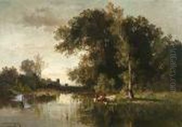Weidende Kuhe Am Flussufer Vor Einem Gehoft Oil Painting by Fritz Halberg-Krauss