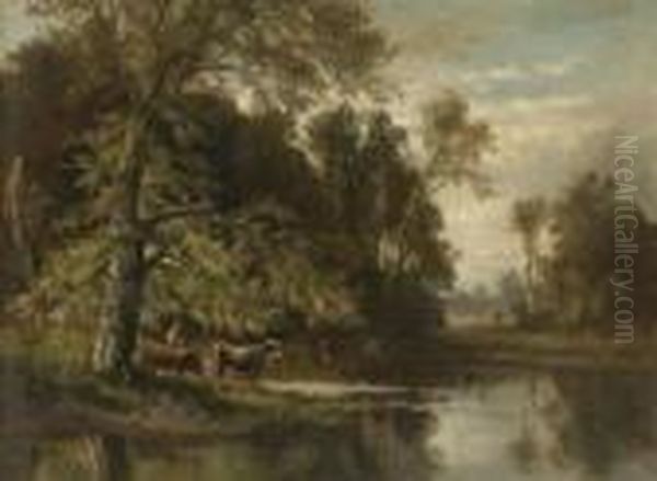 Hirte Mit Kuhen Am
 Waldteich. Oil Painting by Fritz Halberg-Krauss