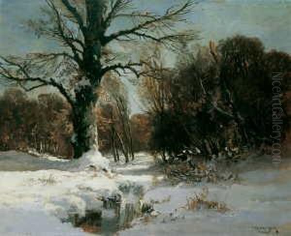 Verschneiter Wald. Signiert 
Unten Rechts: F. Halberg-krauss/munchen. Ol Auf Karton. H 81; B 100 Cm. Oil Painting by Fritz Halberg-Krauss
