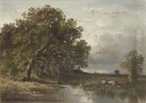 Kuhe An Der Tranke An Einem
 Verschilften Weiher. Oil Painting by Fritz Halberg-Krauss