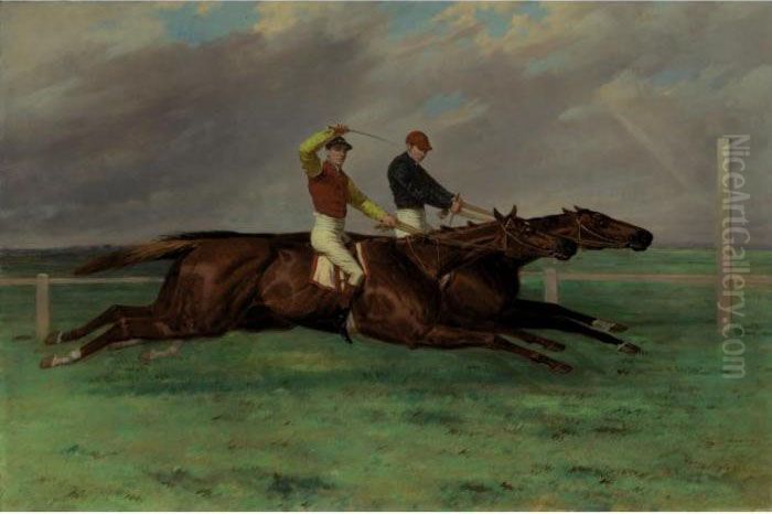 Sir Sutton's Lord Lyon Beating 
Lord Ailesbury's Savernake At The Doncaster St. Leger Of 1866 Oil Painting by Harry Hall