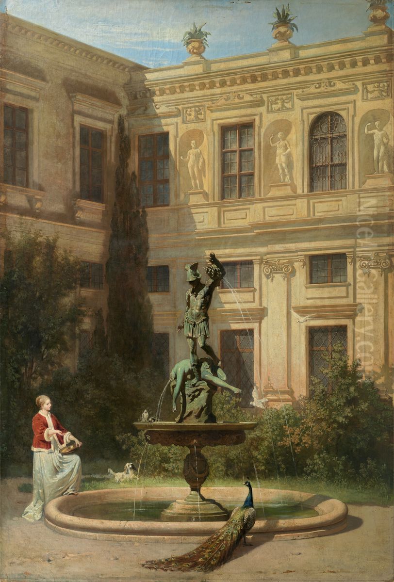 Courtyard with the Grotto in the Munich Royal Residence Oil Painting by Hans von Marees
