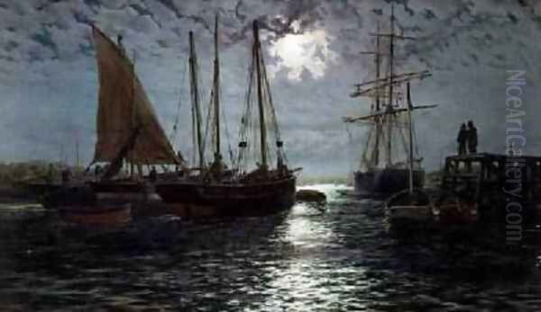 A Moonlit Harbour Oil Painting by Thomas Rose Miles