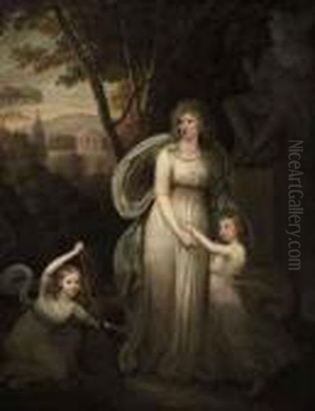 Portrait Of A Lady, With Two 
Children, Possibly Members Of Thelichtenau Family, Full-length, In A 
Classical Landscape Oil Painting by Hugh Douglas Hamilton