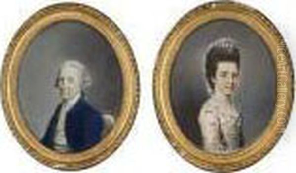 Portrait Of A Lady, Half-length,
 In A Floral Dress With A Laceheaddress; And Portrait Of A Gentleman, 
Half-length, In A Blue Coatand Pale Yellow Waistcoat Oil Painting by Hugh Douglas Hamilton