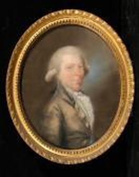 A Portrait Of A Gentleman, Bust 
Length With Powdered Hair, Grey Jacket And Blue Waistcoat Oil Painting by Hugh Douglas Hamilton