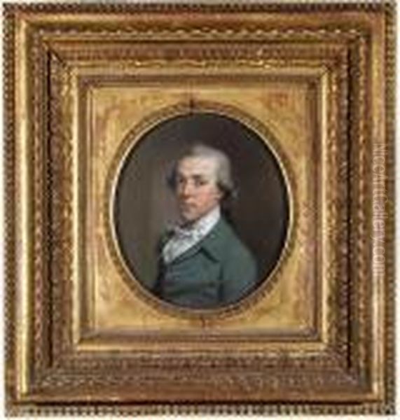 Portrait Of James Colyear 
Dawkins Of Standlynch, Bust-length, In Ablue-green Coat, With White 
Stock, Oval Oil Painting by Hugh Douglas Hamilton