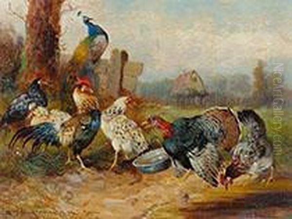 Geflugelgruppe In Einer Landschaft Mit Gehoft Im Hintergrund Oil Painting by Max I Hanger