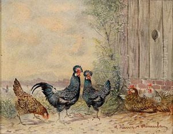 Huhnerhof Mit Haubenhuhnern Am Stall Oil Painting by Max I Hanger