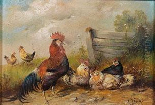 Stolzer Hahn Mit Seiner Hennenschar Vor Einem Wiesengatter Oil Painting by Max I Hanger