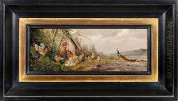 Huhnergruppe Mit Stolzem Hahn Und Pfau Oil Painting by Max I Hanger