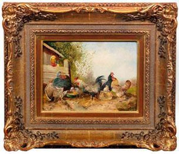 Sommerliches Tieridyll Mit Huhnerschar Und Truthahn Am Stall Oil Painting by Max I Hanger