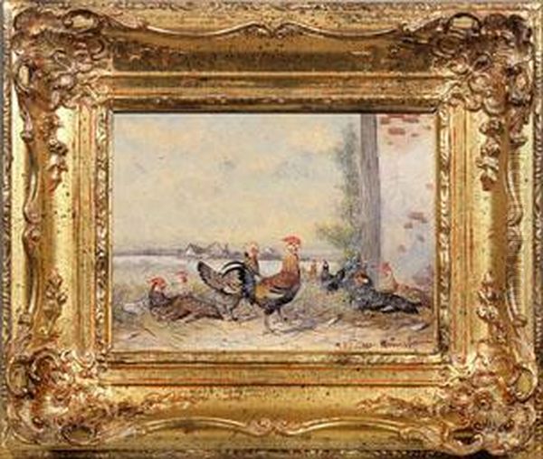 Morgenstimmung Am Huhnerhof Mit Hahnen Und Hennen Oil Painting by Max I Hanger