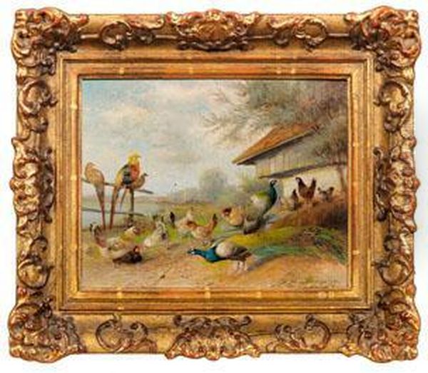 Huhnerschar Mit Goldfasanen Und Pfauhahn An Einem Gehoft Oil Painting by Max I Hanger