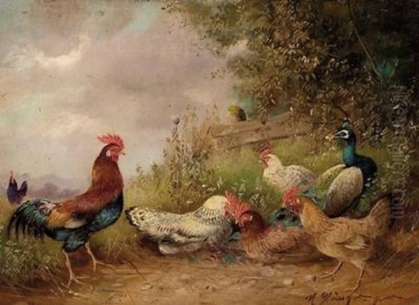 Der Stolze Hahn Mit Seinenhennen Oil Painting by Max I Hanger