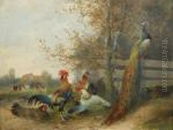 Two Paintings. A) Poultry And 
Peacock In The Farmyard. Signed Bottom Left: M. Hanger Sen. Munich. Oil 
On Wood. 25,5 X 34cm. Frame. Oil Painting by Max I Hanger