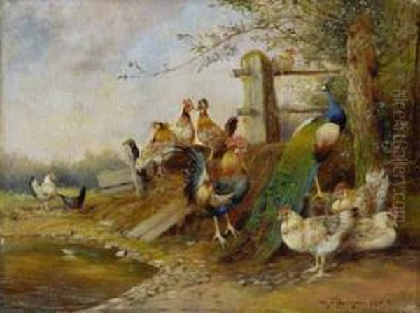 Huhnerhof Mit Hahn, Hennen Und Pfau. Oil Painting by Max I Hanger