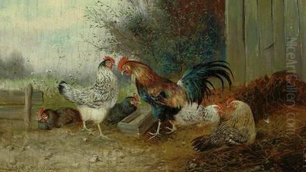 Hahn Mit Funf Hennenim Huhnerhof Oil Painting by Max I Hanger