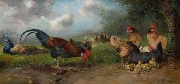 Huhnerhof Mit Pfau. Oil Painting by Max I Hanger