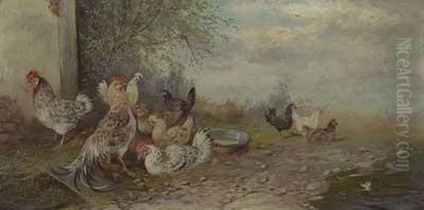 Hahn Mit Neun Huhnern Am Tumpel Oil Painting by Max I Hanger