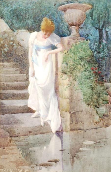 Ayoung Girl Standing On The Steps To A Pool Oil Painting by William Lee Hankey