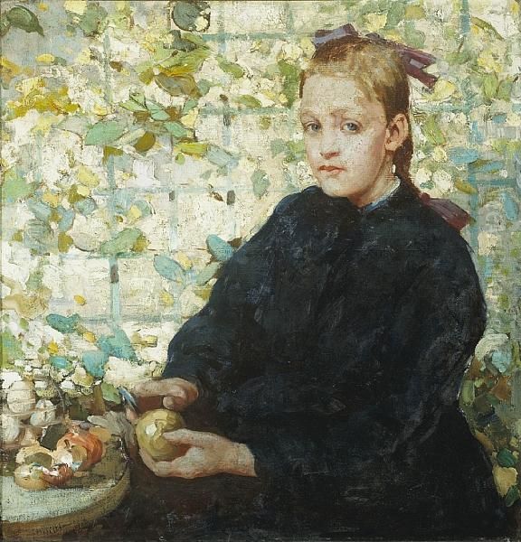 A Young Girl Peeling An Apple Oil Painting by William Lee Hankey