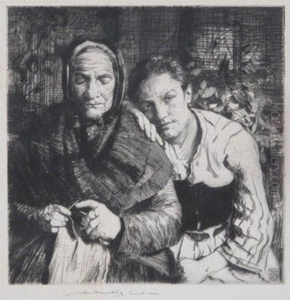 Grandmother Knitting With Young Lady Oil Painting by William Lee Hankey