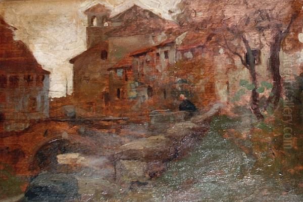 Continental Village Scene Oil Painting by William Lee Hankey