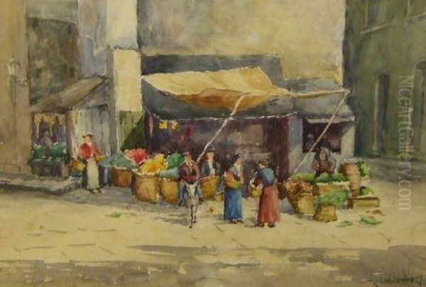 Continental Market Scene Oil Painting by William Lee Hankey