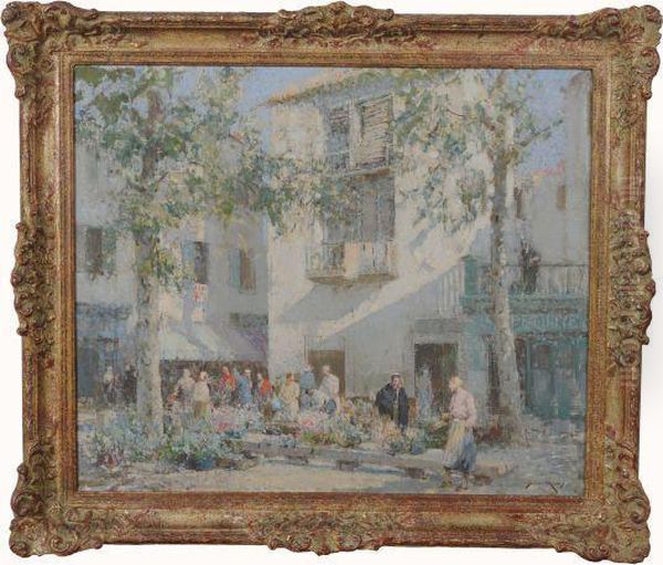 Mentone Flowermarket Oil Painting by William Lee Hankey