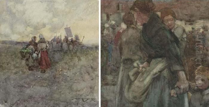 Collecting The Day's Catch; And At The Fish Market Oil Painting by William Lee Hankey