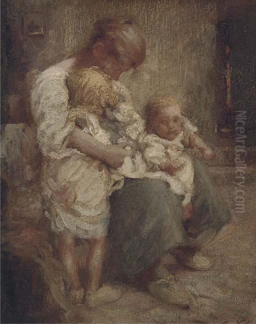 Mother With Two Children Oil Painting by William Lee Hankey
