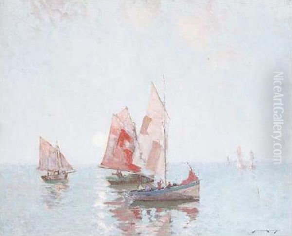 Trawlers At Sea Oil Painting by William Lee Hankey