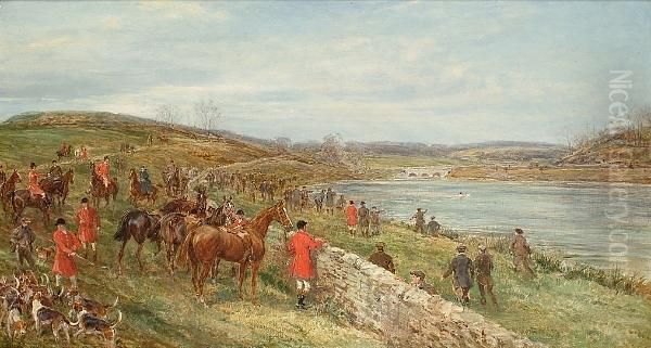 An Incident With The Quorn 
Hounds: 'a Scene Which Occurred At The Asser Drybrook Reservoir With The
 Quorn Hounds On Charnwood Forest, March 29th 1910. The Fox Having Been 
Killed In The Middle Of The Reservoir. One Of The Foot People Swam Out 
And D Oil Painting by Heywood Hardy