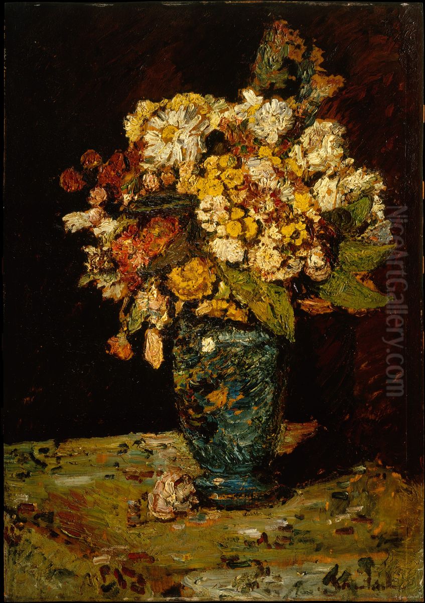 Flowers in a Blue Vase Oil Painting by Adolphe Joseph Thomas Monticelli