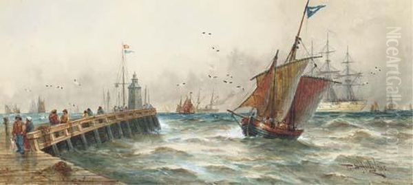Figures On A Jetty With Shipping
 In The Channel Beyond(illustrated); And A Blustery Day In The Channel 
Off Dover Oil Painting by Thomas Bush Hardy