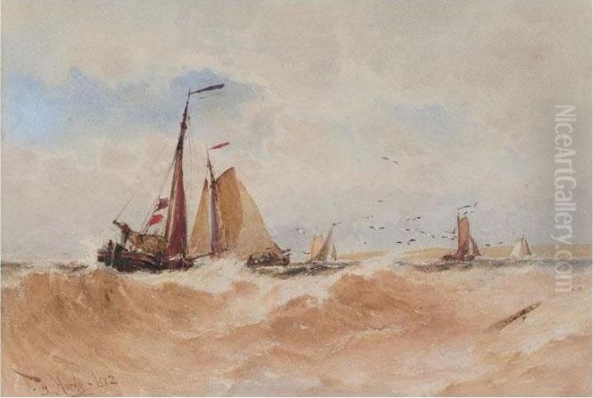 Fishing Vessels In Stormy Weather Oil Painting by Thomas Bush Hardy