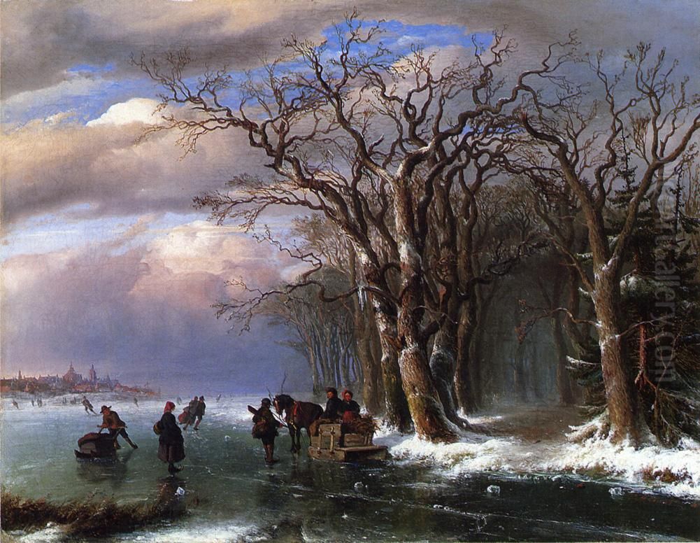 Winter Skating Scene Oil Painting by Louis Remy Mignot