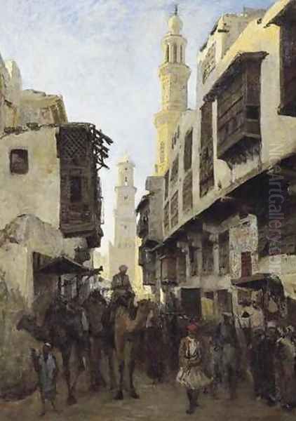 Street Mouizz-Dinn in Cairo, Kalaoun Mosque in the Background (La rue Mouizz-Dinn au Caire, avec la mosquee Kalaoun &agrave; l'arri&egrave;re-plan) Oil Painting by Nikolai Egorovich Makovsky
