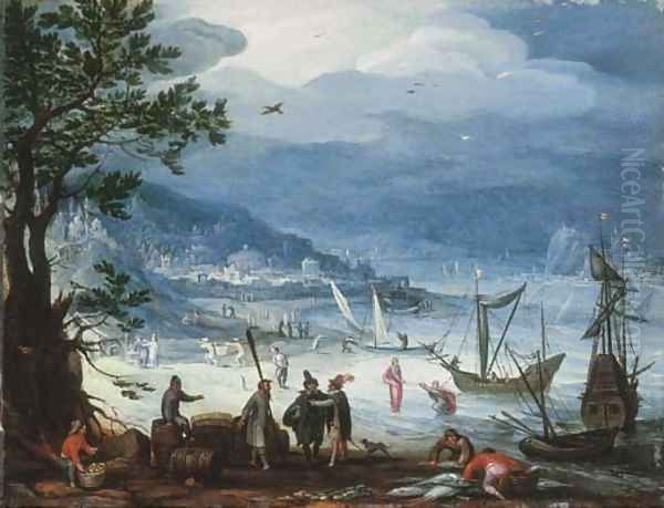 A coastal landscape with fishing boats and peasants disembarking, the Calling of Saint Peter beyond Oil Painting by Anthonie Mirou