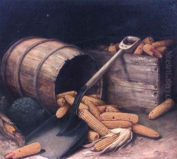 Barrel and Box of Corn with Scoup Oil Painting by Alfred Montgomery