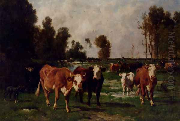 Cattle In A Meadow Oil Painting by Emile Van Marcke De Lumman