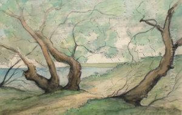 Woodland Study; Black Crayon And
 Watercolour, Bears Signature, Date And Inscription, 16.6x24.5cm. 
Provenance: With The Brod Gallery, London, According To Label Attached 
To The Reverse Oil Painting by Henri-Joseph Harpignies