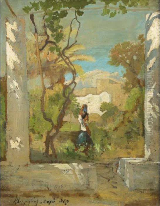 Porteuse D'eau A Capri [ ; Water
 Carrier At Capri ; Oil On Paper Laid Down On Canvas ; Signed. Bears 
Location And Date Capri 1850. Authenticated By Mrs Hellebranth. ] Oil Painting by Henri-Joseph Harpignies