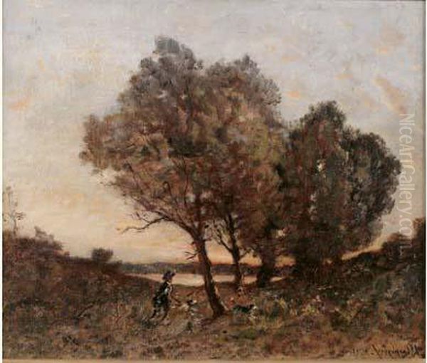 Chasseur Et Ses Chiens Oil Painting by Henri-Joseph Harpignies